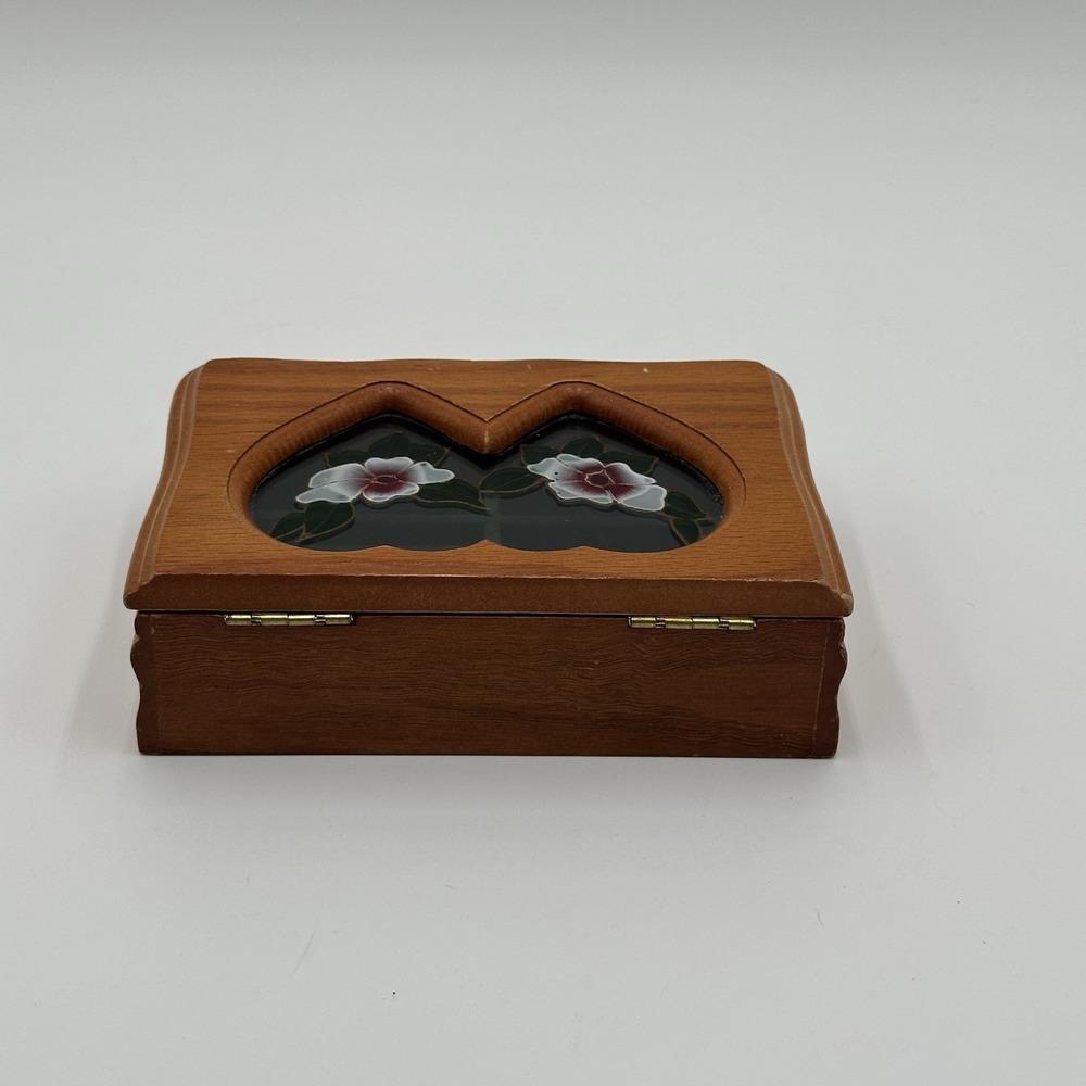 Vintage Wood Wooden Trinket Jewelry Box W/ Flower Blossom Design